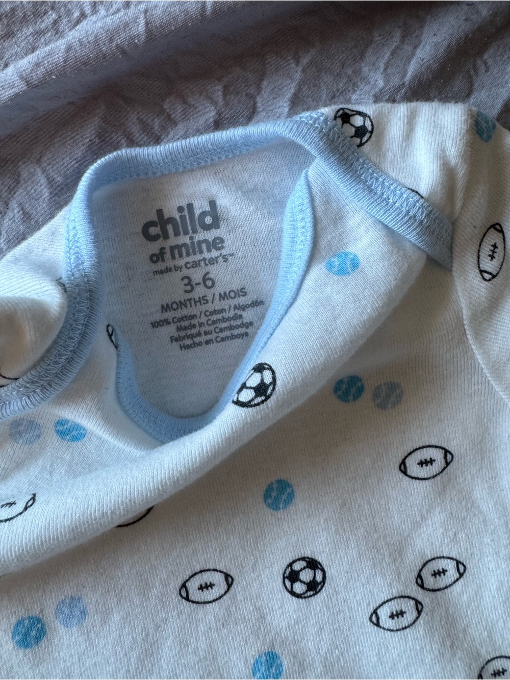 child of mine White Bodysuit with Light Blue Trim and Black Sports Print - Picture 2 of 3